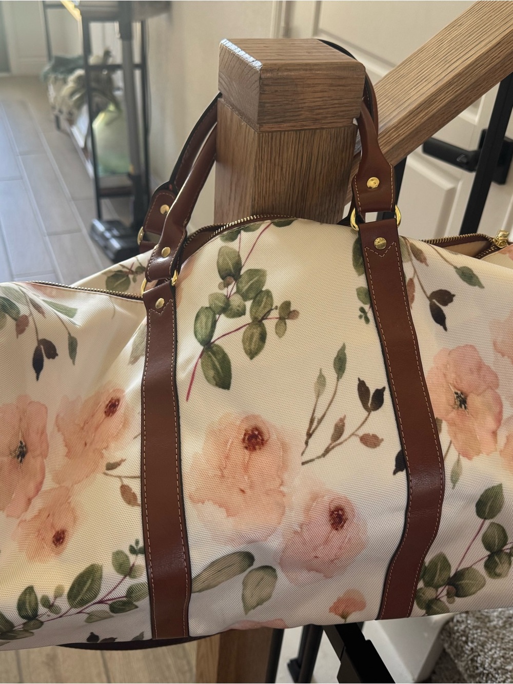 Floral Weekender Bag with Brown Trim - Women's Travel Tote